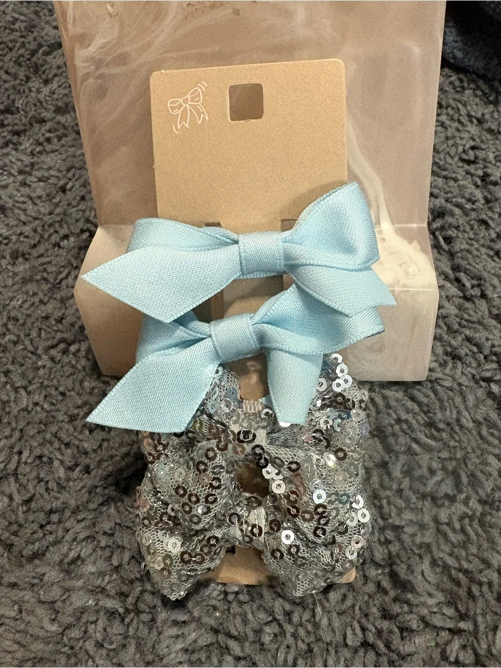 NWT set of 2 blue bows and 2 sequined silver bows